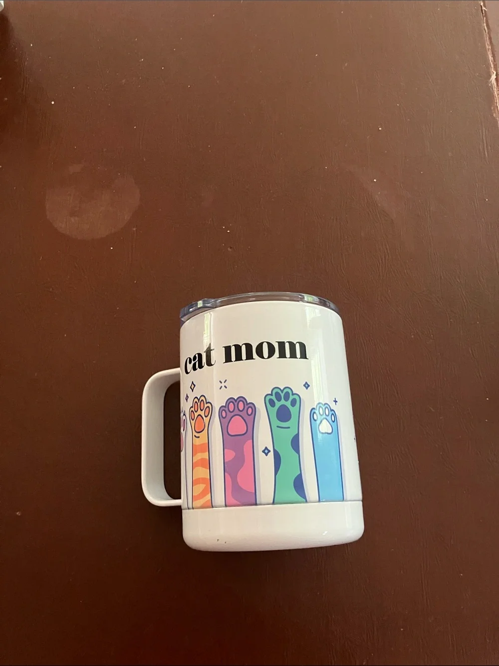 Cat Mom Insulated White Travel Mug with Multicolor Cat Paws
